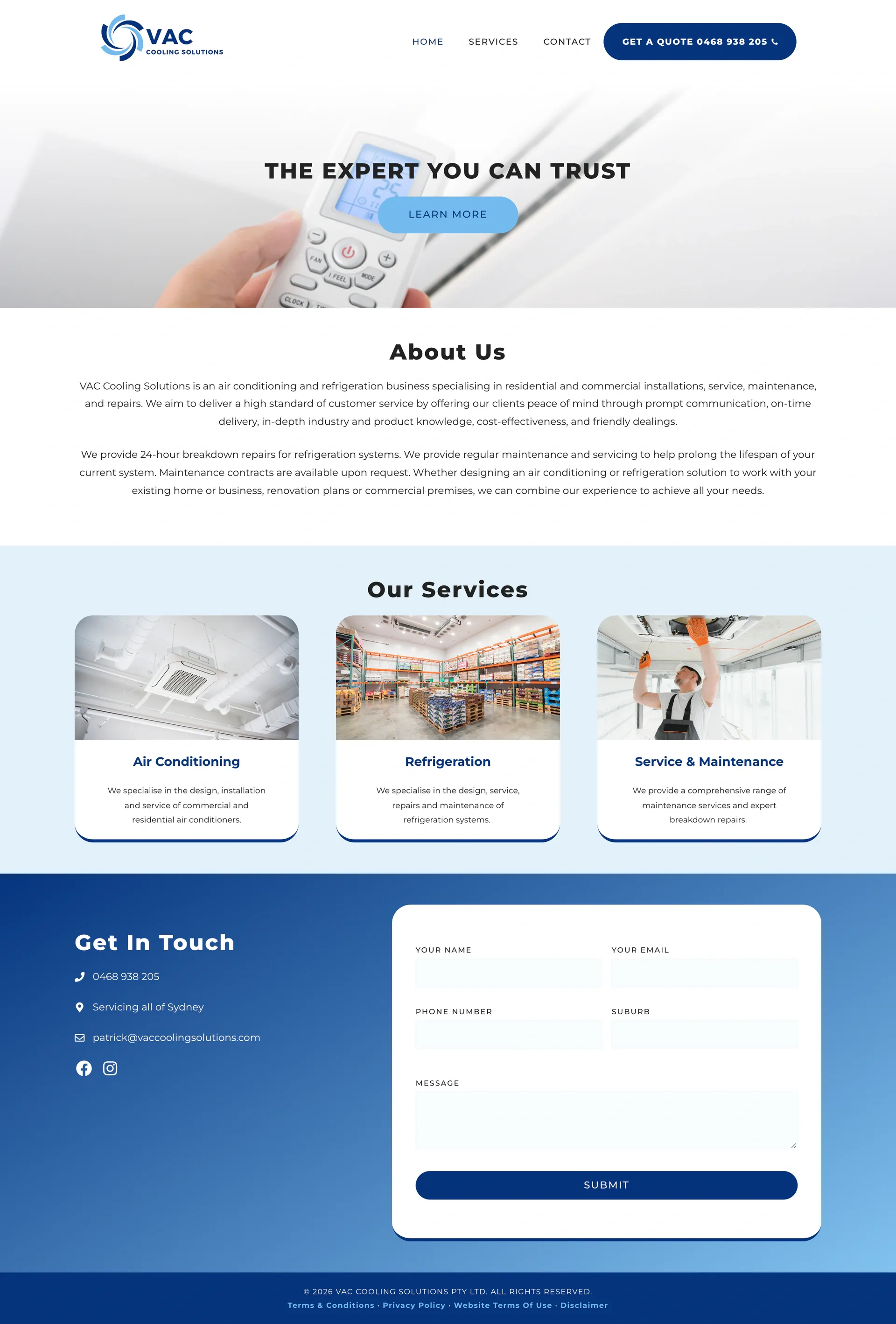 VAC Cooling Solutions website home page, full page on a desktop screen