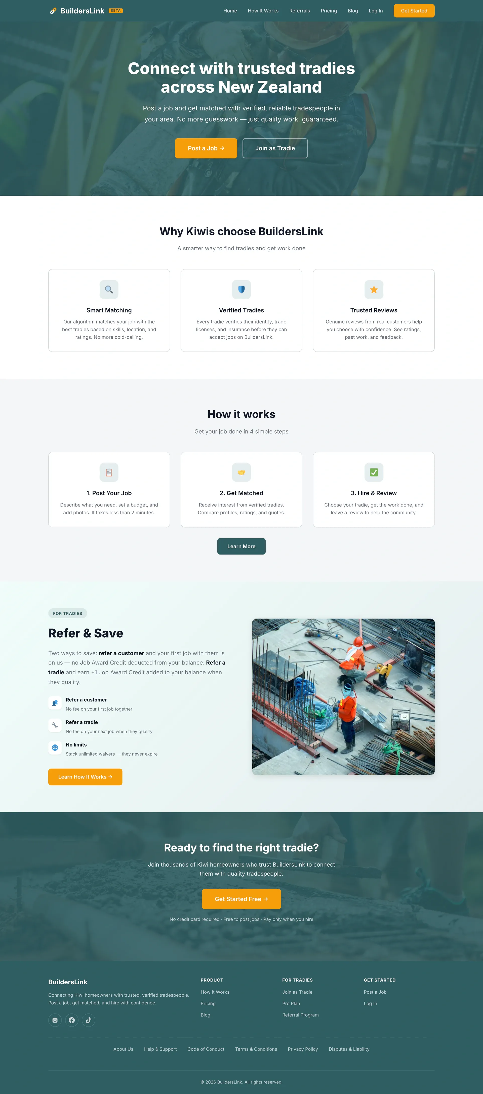 BuildersLink website home page, full page on a desktop screen
