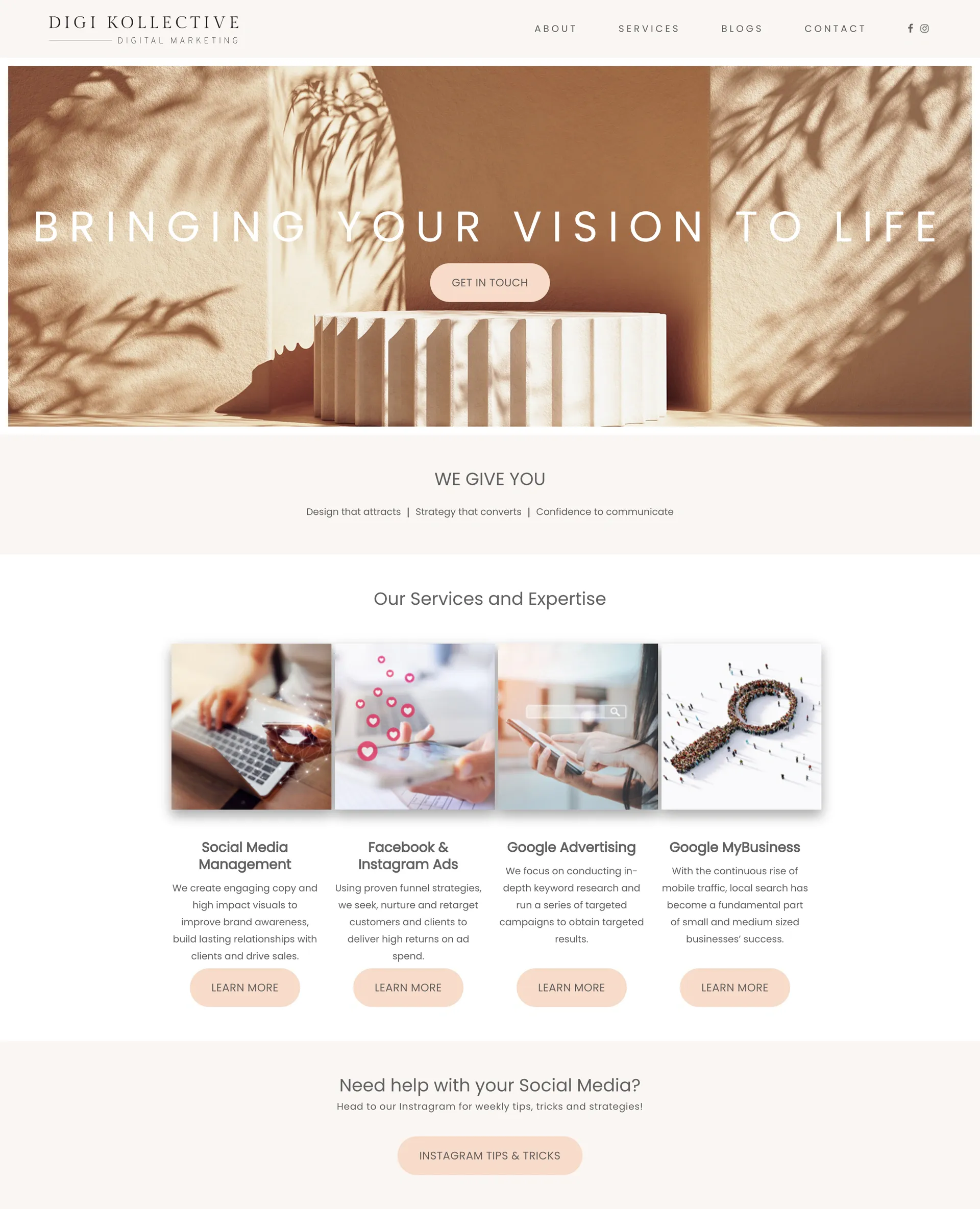 Digi Kollective website home page, full page on a desktop screen