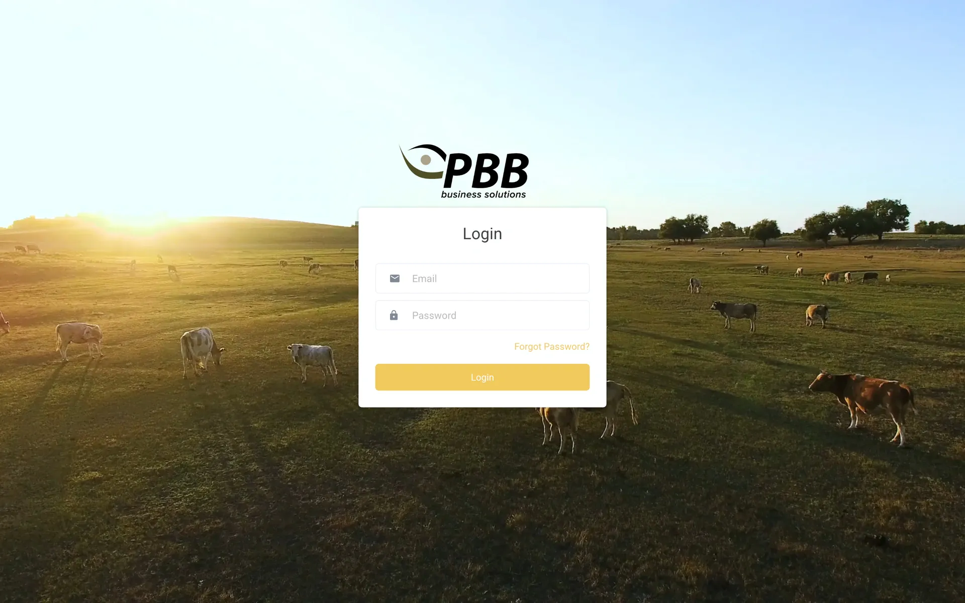 PBB portal sign-in over a photo of cattle in a sunlit paddock, full page on a desktop screen