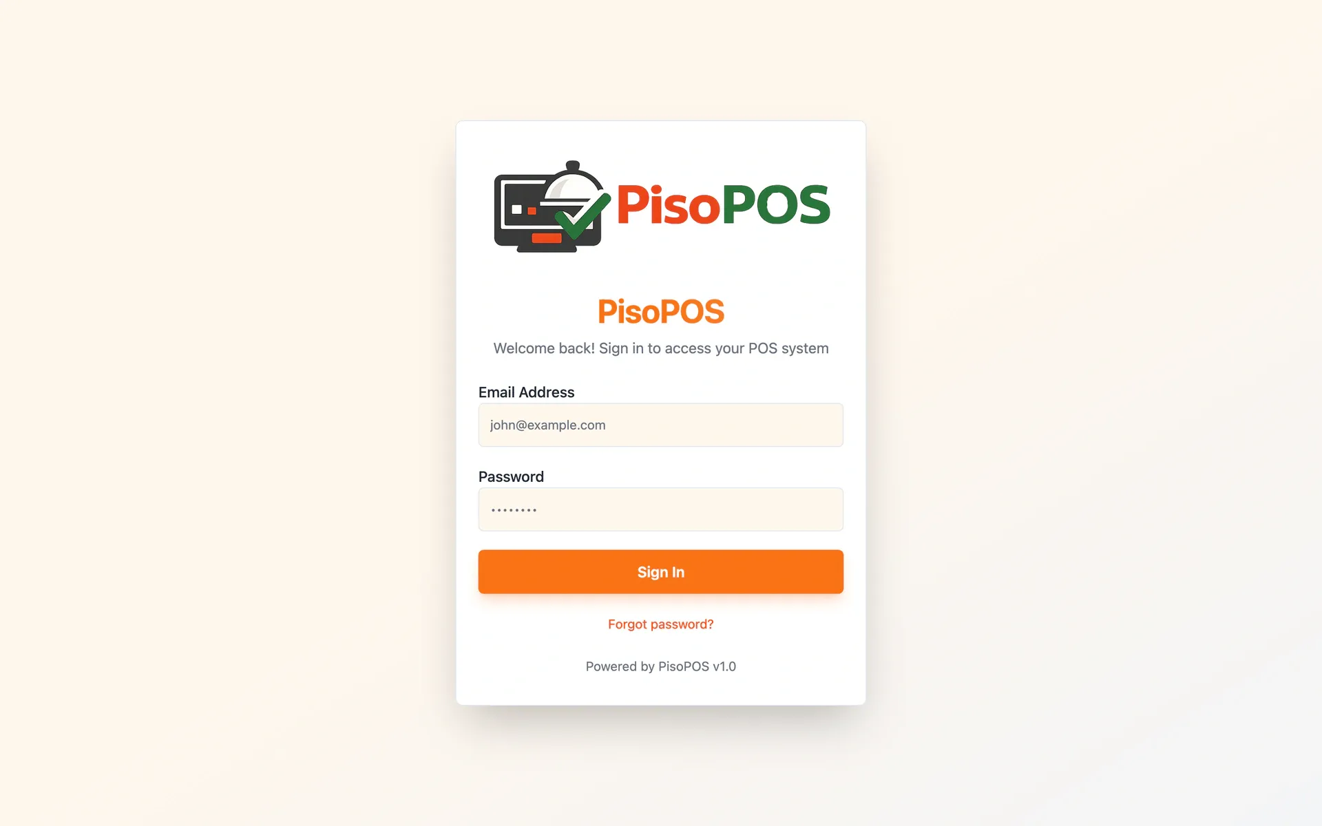 PisoPOS point-of-sale sign-in page, full page on a desktop screen