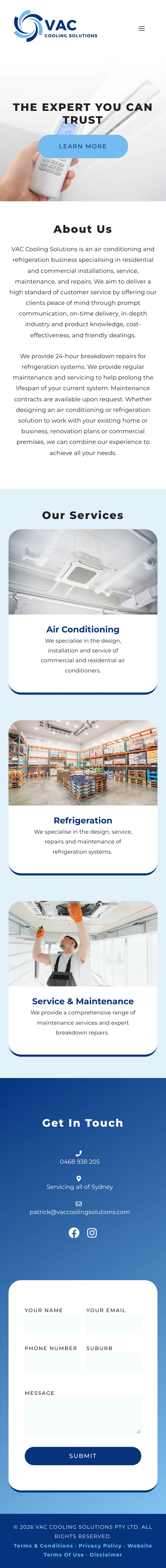 VAC Cooling Solutions home page on a phone, full page