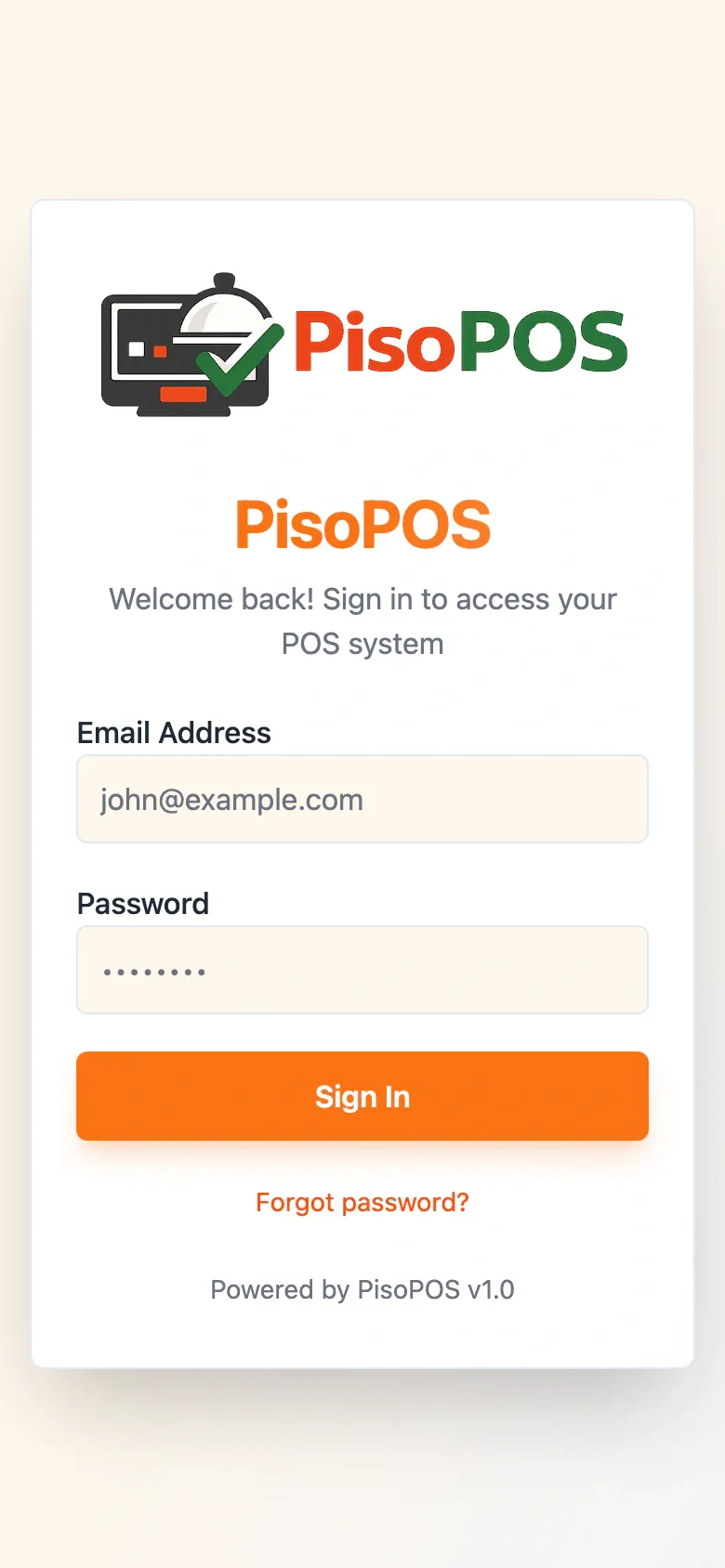 PisoPOS point-of-sale sign-in on a phone, full page